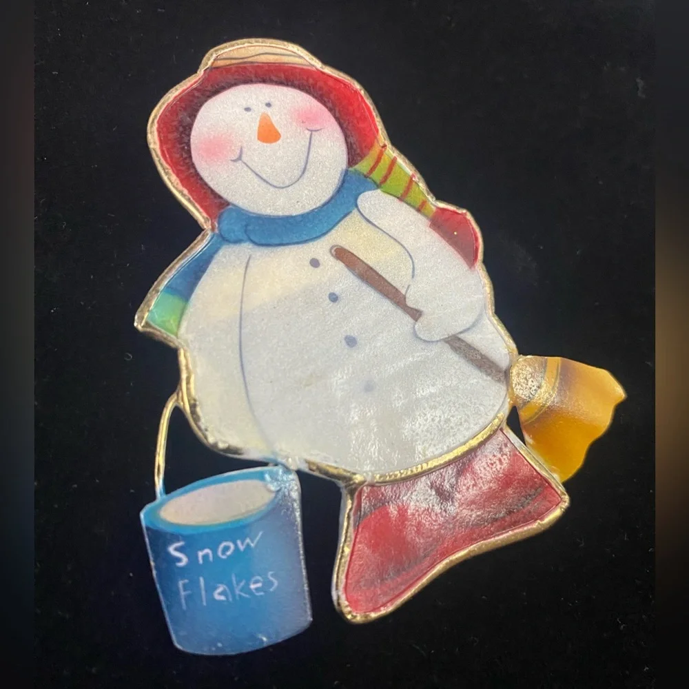 Vintage Snowman Pin Brooch Hand Painted Capiz Shell Gold Tone Christmas
